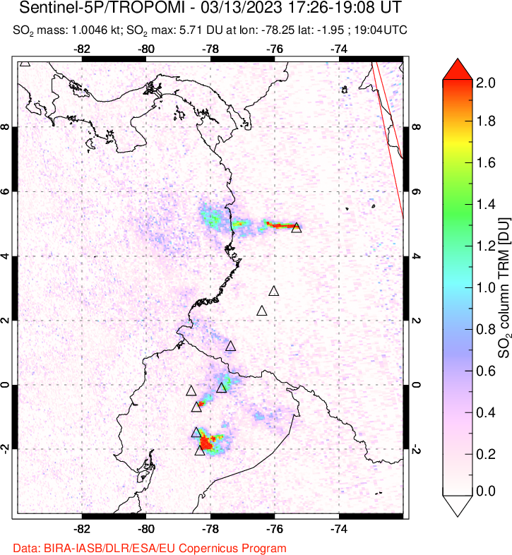 A sulfur dioxide image over Ecuador on Mar 13, 2023.