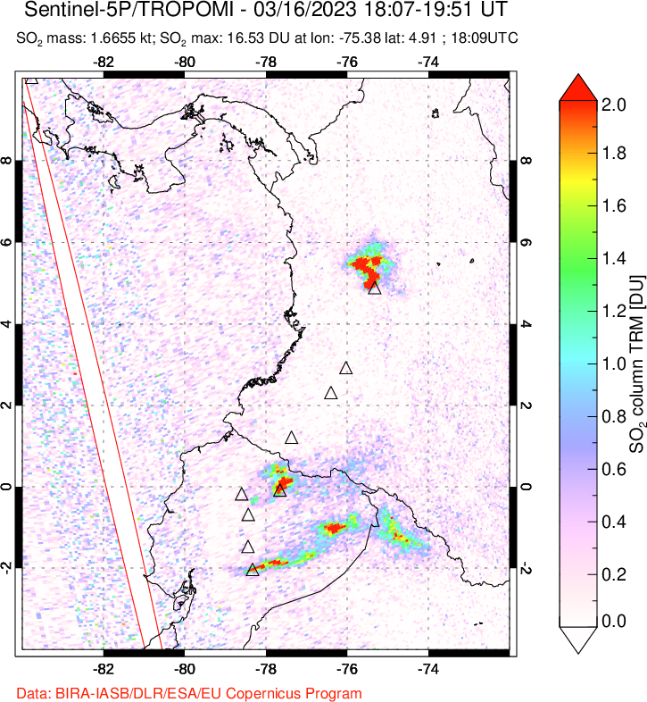 A sulfur dioxide image over Ecuador on Mar 16, 2023.