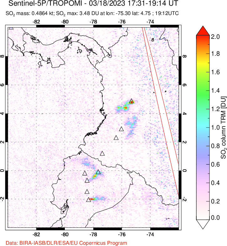 A sulfur dioxide image over Ecuador on Mar 18, 2023.