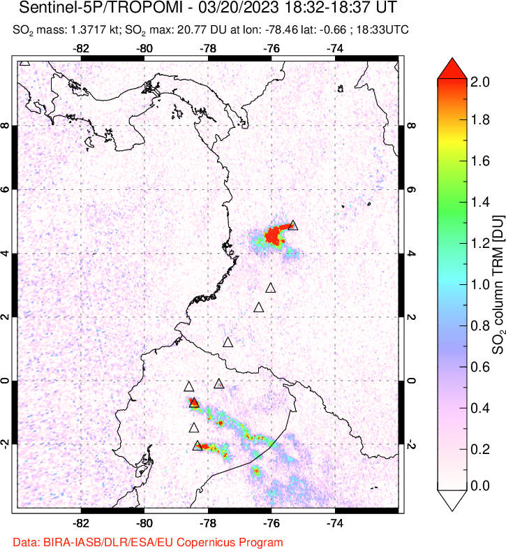 A sulfur dioxide image over Ecuador on Mar 20, 2023.