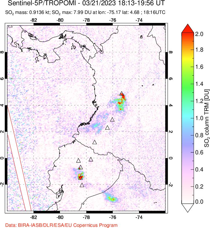 A sulfur dioxide image over Ecuador on Mar 21, 2023.