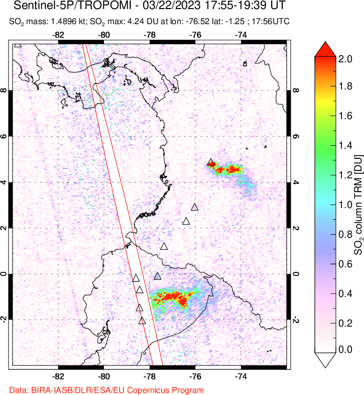 A sulfur dioxide image over Ecuador on Mar 22, 2023.