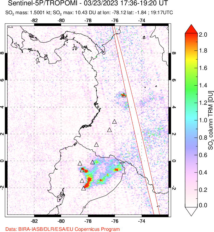 A sulfur dioxide image over Ecuador on Mar 23, 2023.