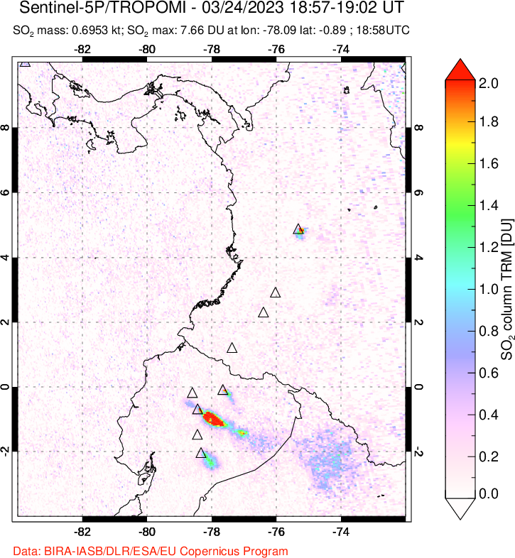 A sulfur dioxide image over Ecuador on Mar 24, 2023.