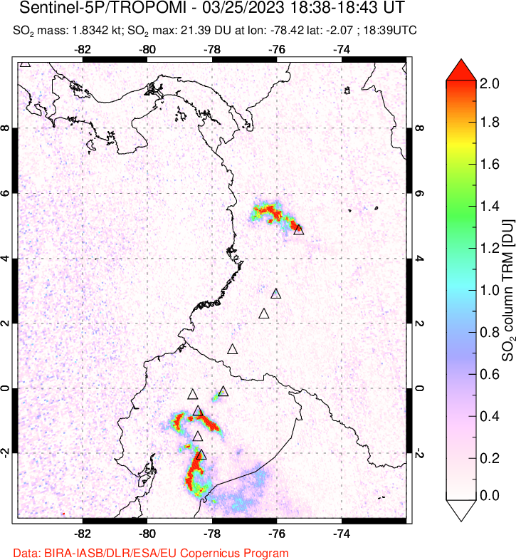 A sulfur dioxide image over Ecuador on Mar 25, 2023.