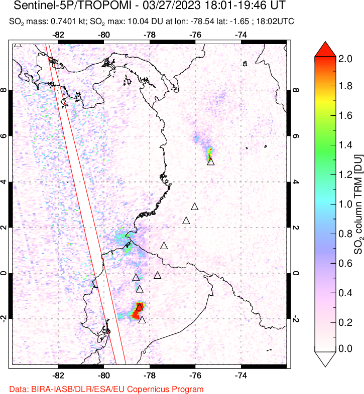 A sulfur dioxide image over Ecuador on Mar 27, 2023.