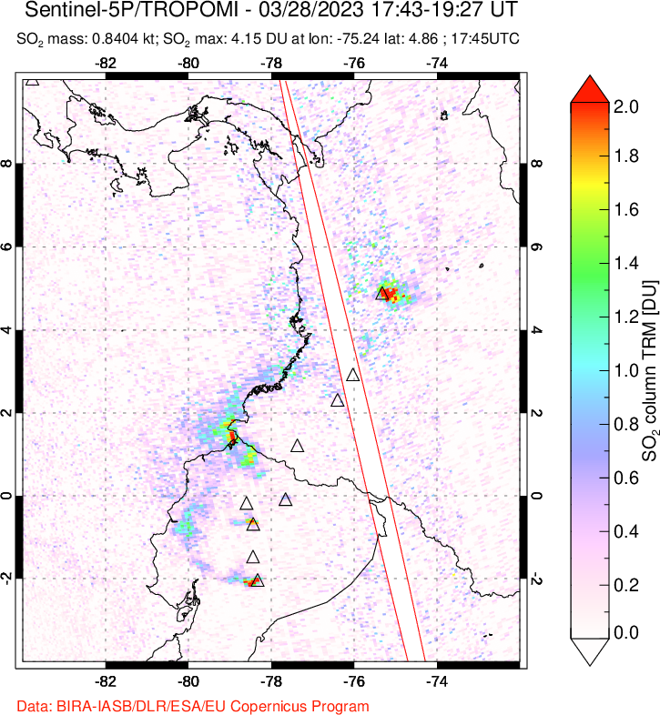 A sulfur dioxide image over Ecuador on Mar 28, 2023.