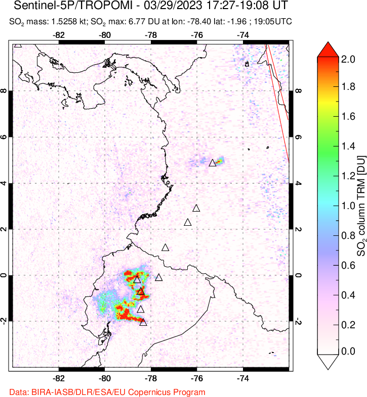 A sulfur dioxide image over Ecuador on Mar 29, 2023.