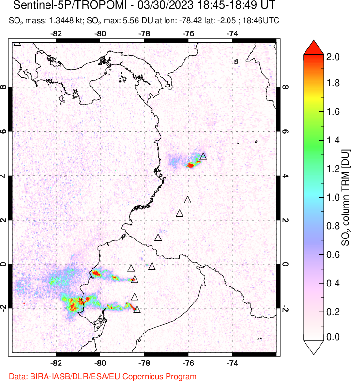 A sulfur dioxide image over Ecuador on Mar 30, 2023.