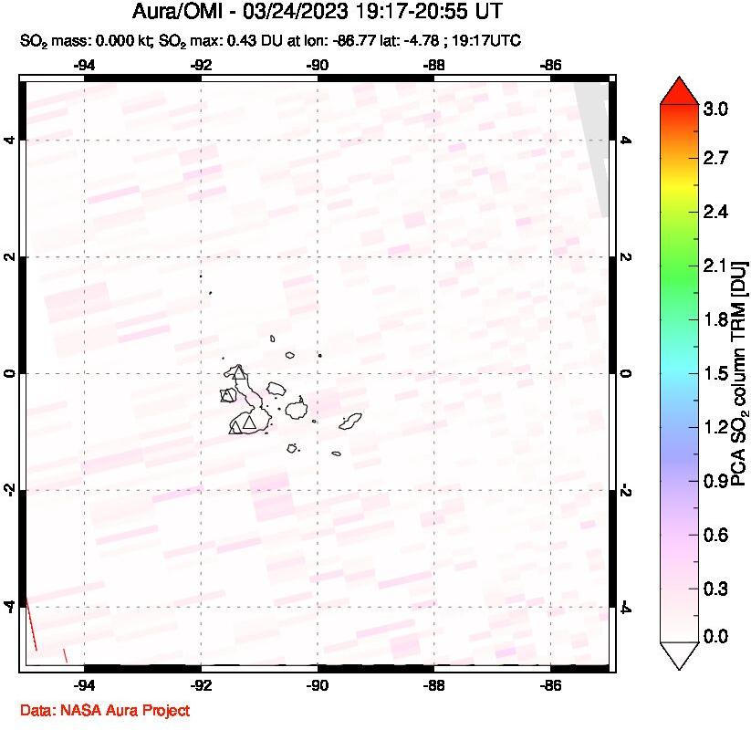 A sulfur dioxide image over Galápagos Islands on Mar 24, 2023.