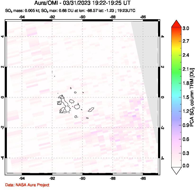A sulfur dioxide image over Galápagos Islands on Mar 31, 2023.