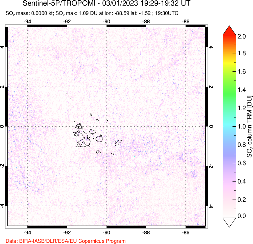 A sulfur dioxide image over Galápagos Islands on Mar 01, 2023.
