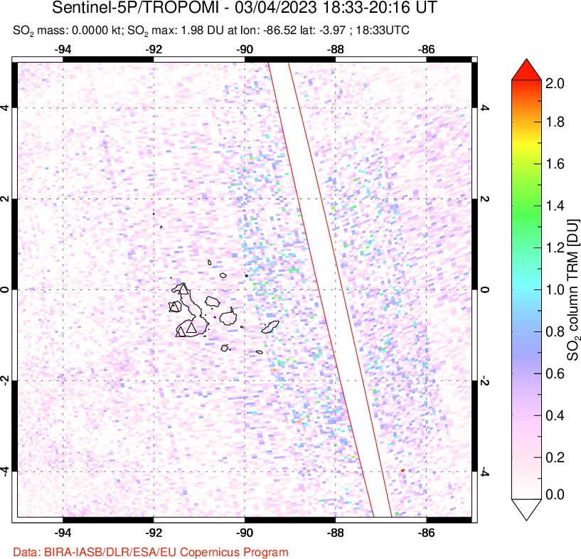 A sulfur dioxide image over Galápagos Islands on Mar 04, 2023.