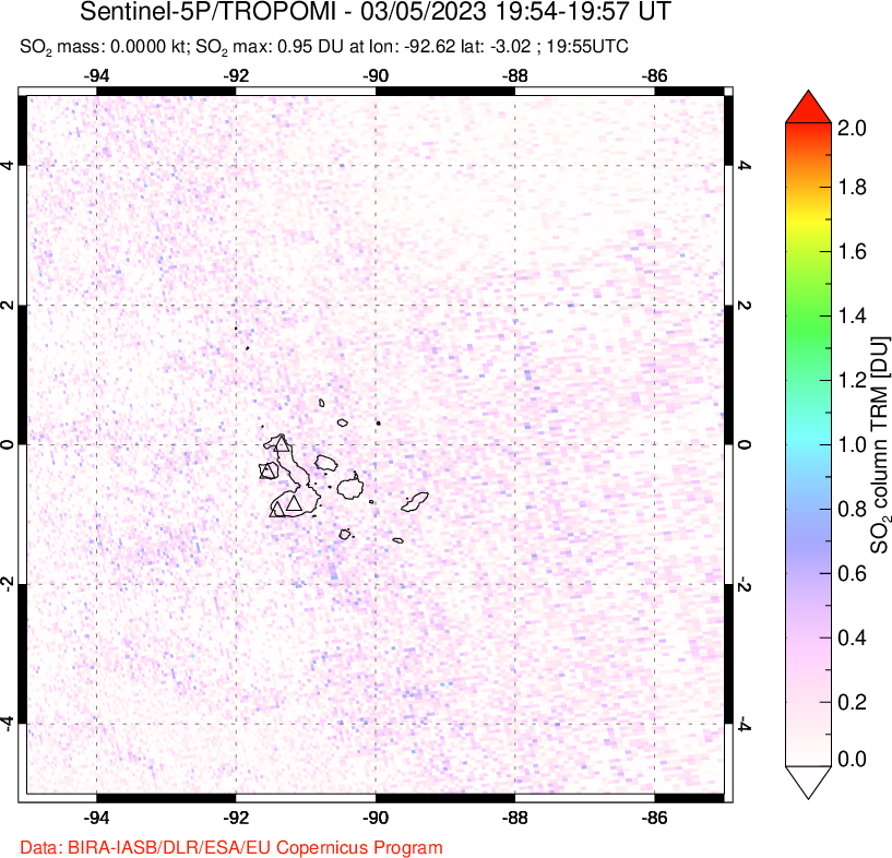 A sulfur dioxide image over Galápagos Islands on Mar 05, 2023.