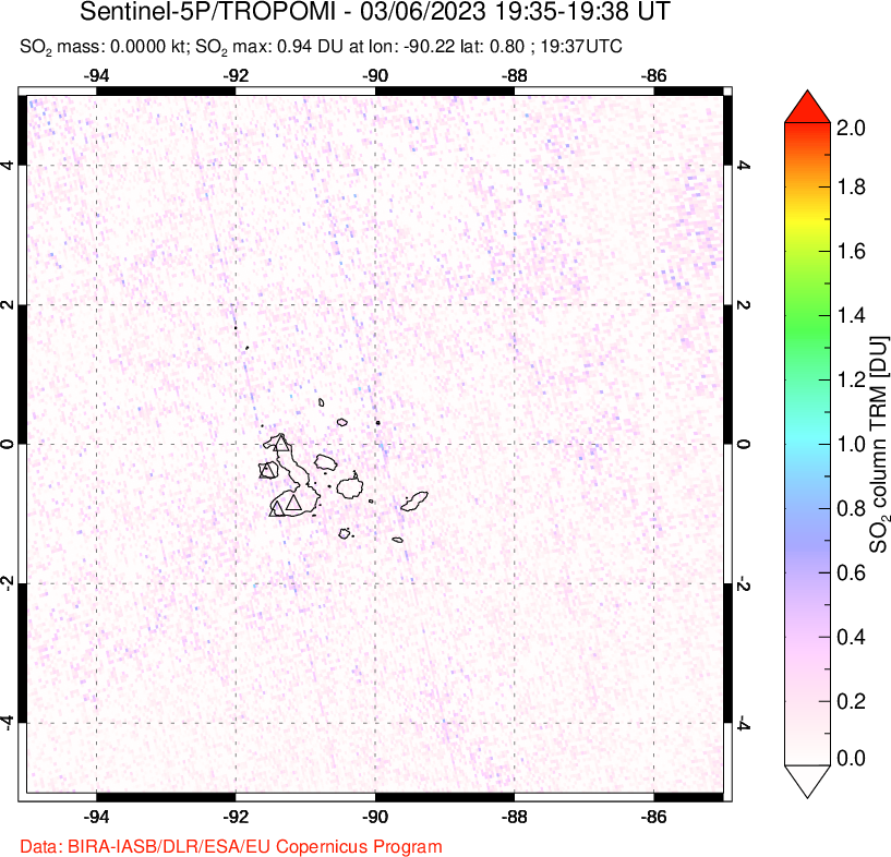 A sulfur dioxide image over Galápagos Islands on Mar 06, 2023.