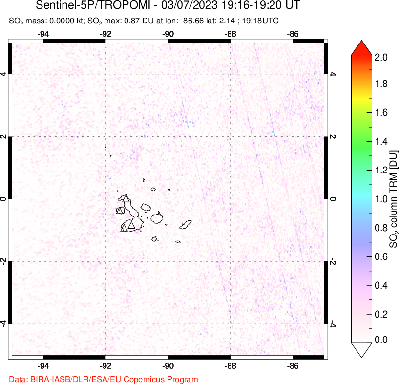 A sulfur dioxide image over Galápagos Islands on Mar 07, 2023.