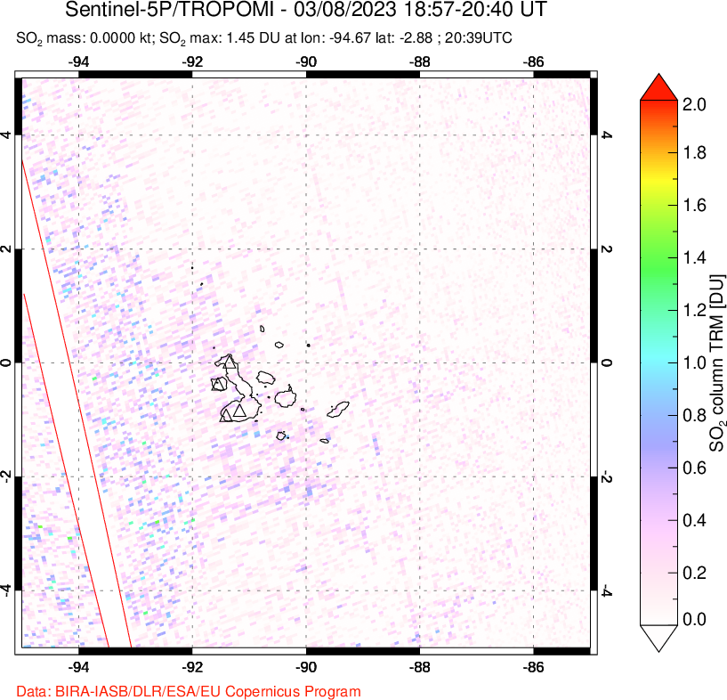 A sulfur dioxide image over Galápagos Islands on Mar 08, 2023.