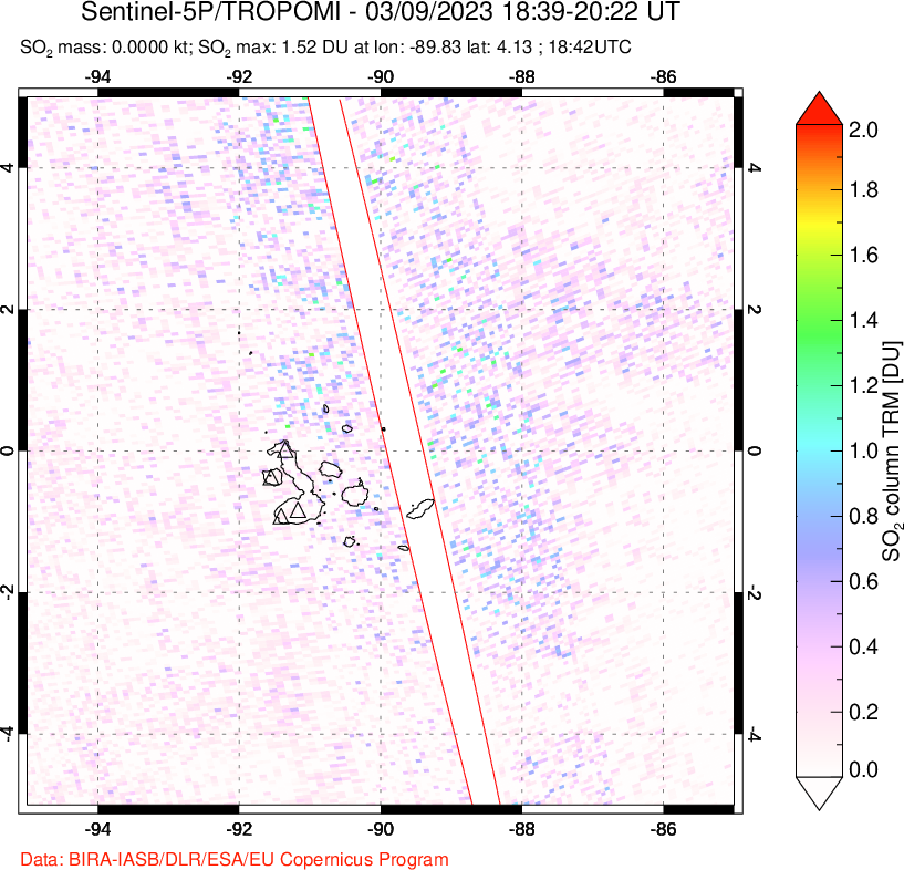 A sulfur dioxide image over Galápagos Islands on Mar 09, 2023.