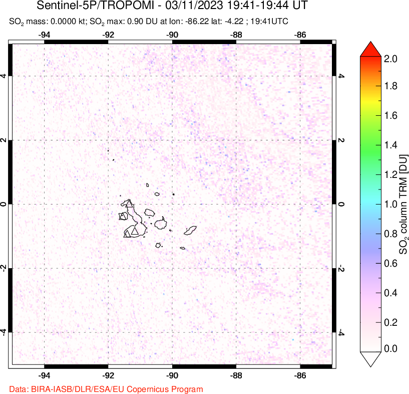 A sulfur dioxide image over Galápagos Islands on Mar 11, 2023.
