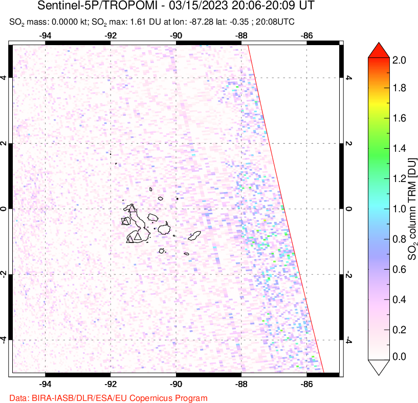 A sulfur dioxide image over Galápagos Islands on Mar 15, 2023.