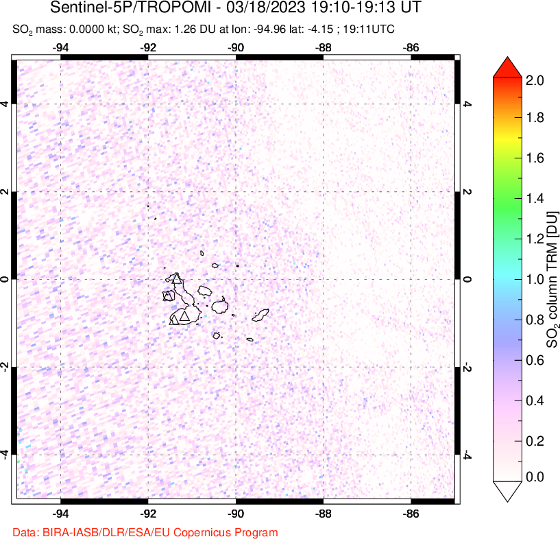 A sulfur dioxide image over Galápagos Islands on Mar 18, 2023.