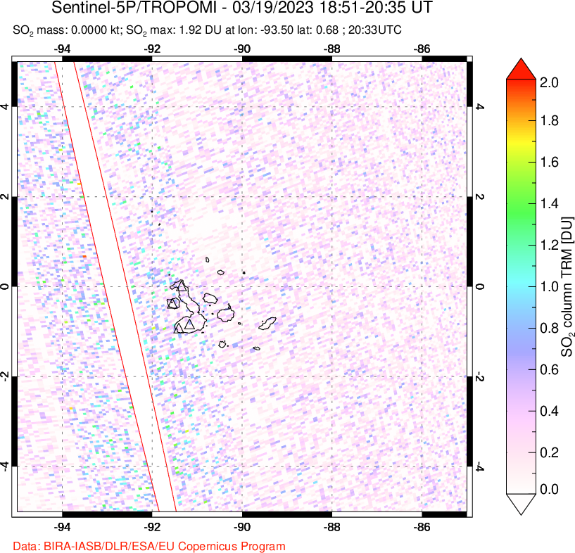 A sulfur dioxide image over Galápagos Islands on Mar 19, 2023.