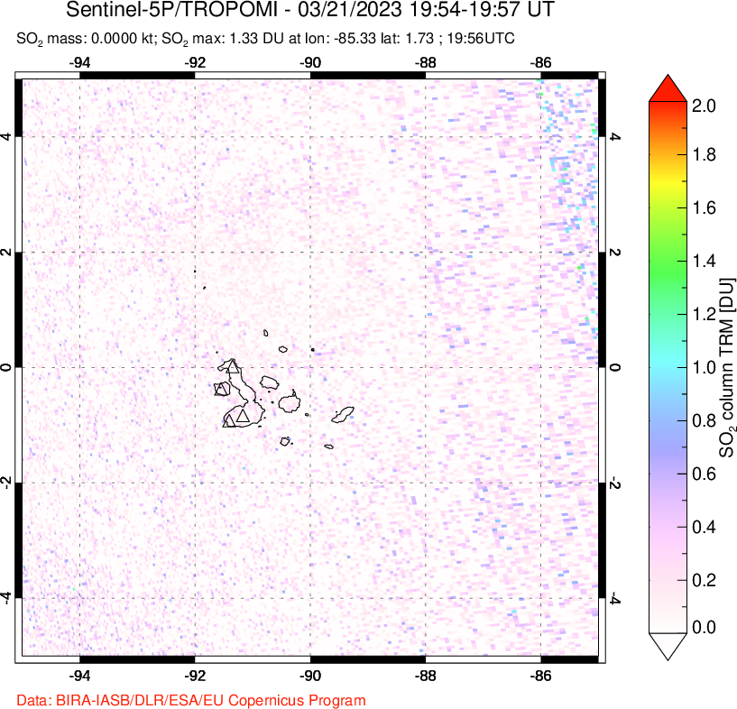 A sulfur dioxide image over Galápagos Islands on Mar 21, 2023.