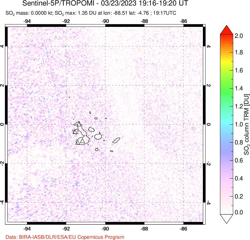 A sulfur dioxide image over Galápagos Islands on Mar 23, 2023.