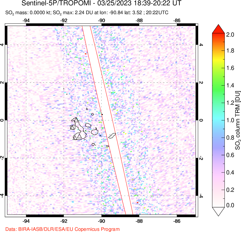 A sulfur dioxide image over Galápagos Islands on Mar 25, 2023.