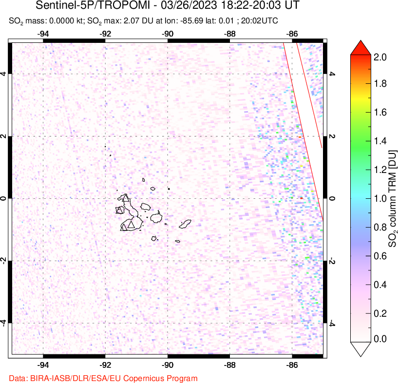 A sulfur dioxide image over Galápagos Islands on Mar 26, 2023.