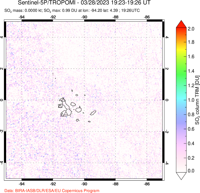 A sulfur dioxide image over Galápagos Islands on Mar 28, 2023.