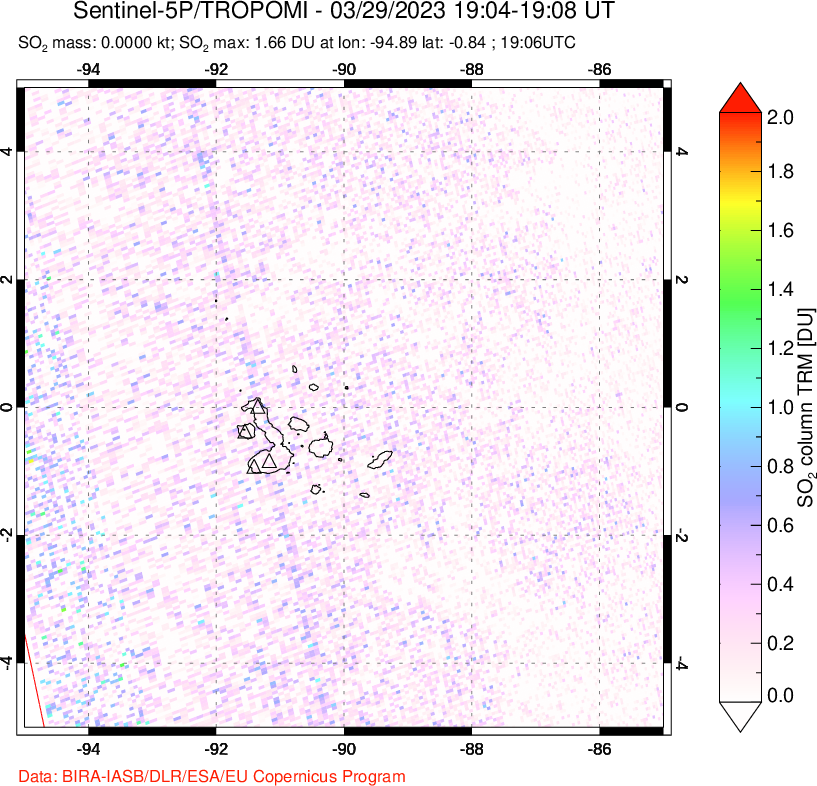 A sulfur dioxide image over Galápagos Islands on Mar 29, 2023.
