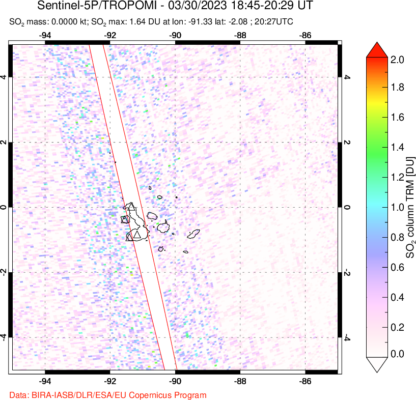 A sulfur dioxide image over Galápagos Islands on Mar 30, 2023.