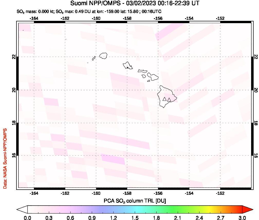 A sulfur dioxide image over Hawaii, USA on Mar 02, 2023.