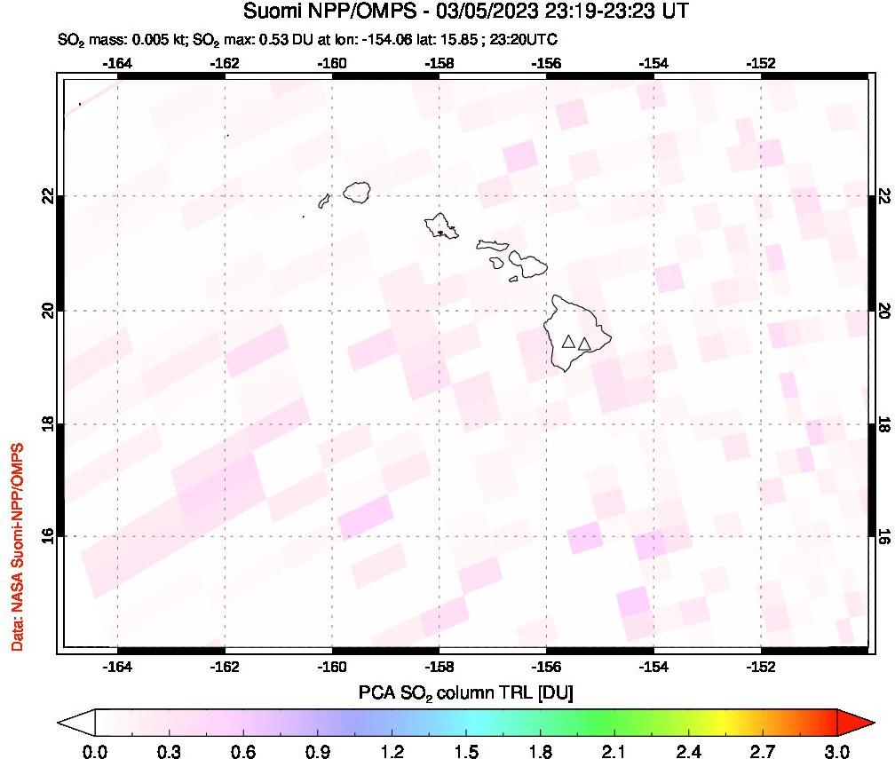 A sulfur dioxide image over Hawaii, USA on Mar 05, 2023.