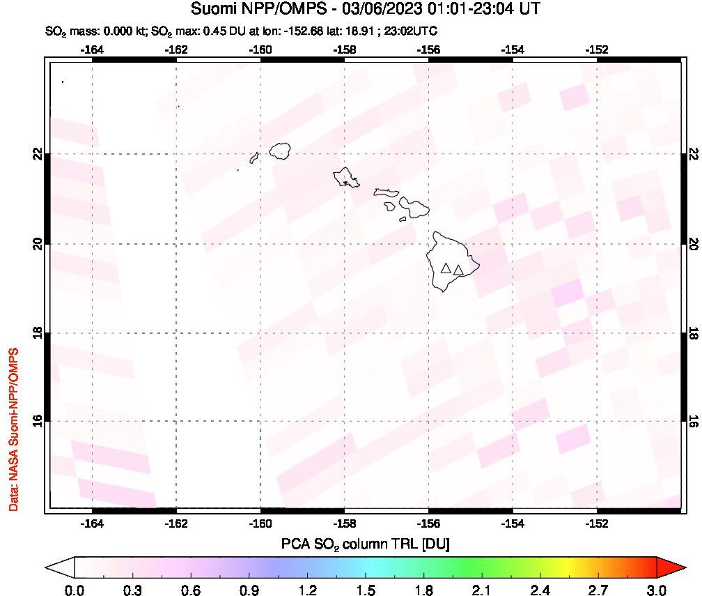 A sulfur dioxide image over Hawaii, USA on Mar 06, 2023.