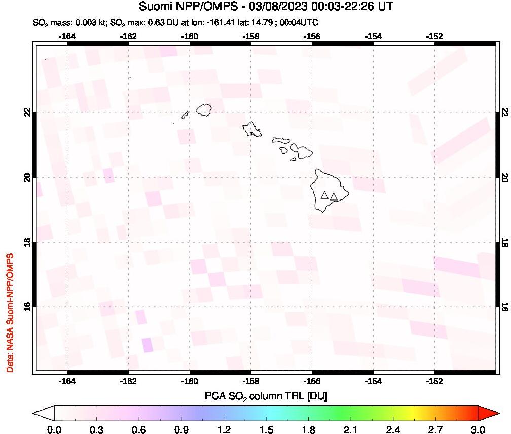 A sulfur dioxide image over Hawaii, USA on Mar 08, 2023.