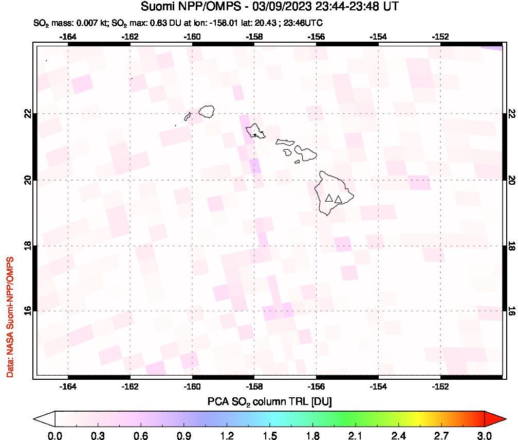 A sulfur dioxide image over Hawaii, USA on Mar 09, 2023.