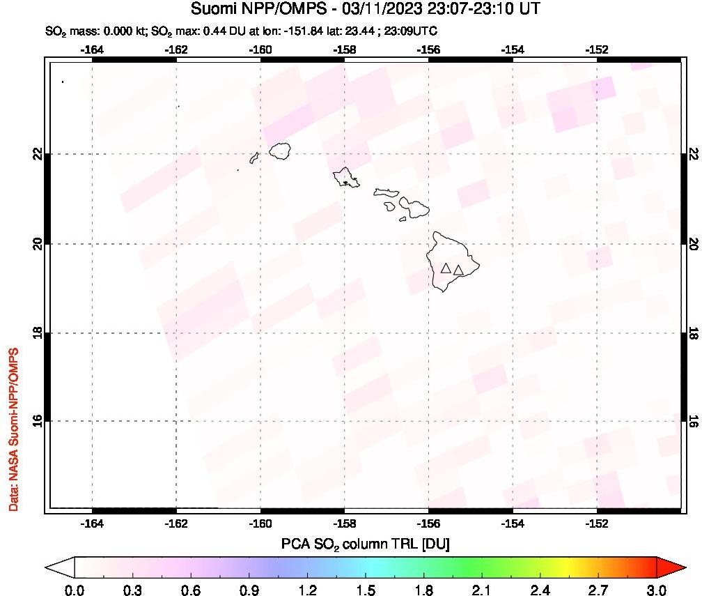 A sulfur dioxide image over Hawaii, USA on Mar 11, 2023.