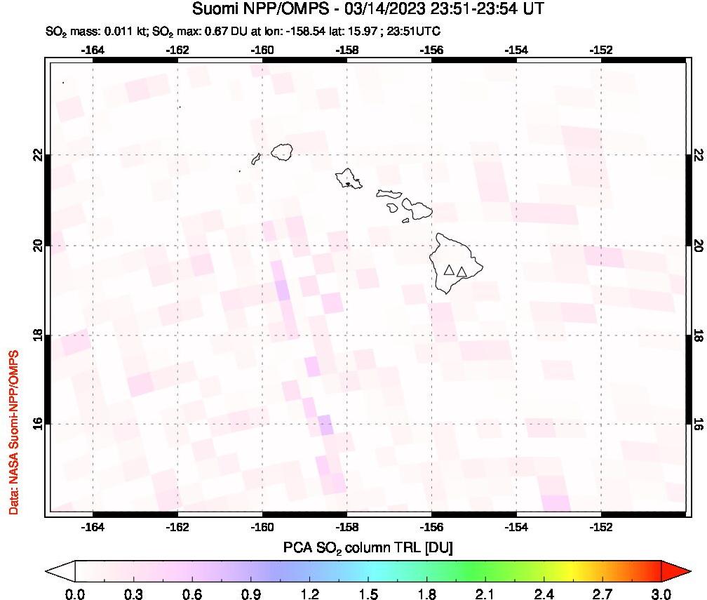 A sulfur dioxide image over Hawaii, USA on Mar 14, 2023.