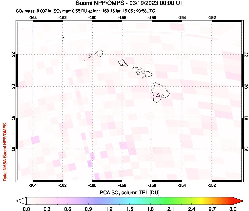 A sulfur dioxide image over Hawaii, USA on Mar 19, 2023.