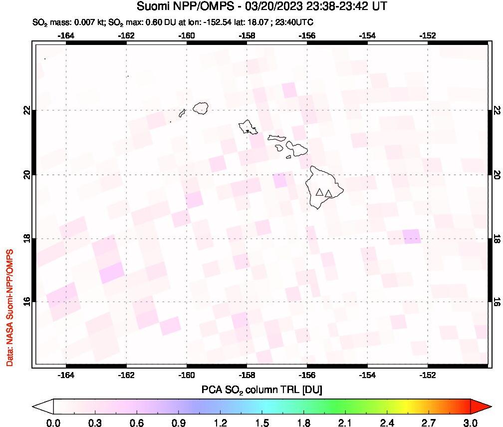 A sulfur dioxide image over Hawaii, USA on Mar 20, 2023.