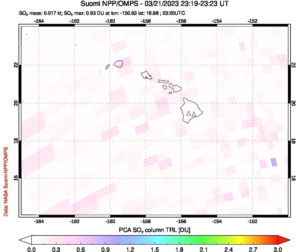 A sulfur dioxide image over Hawaii, USA on Mar 21, 2023.