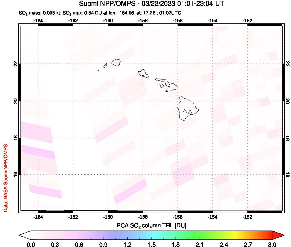 A sulfur dioxide image over Hawaii, USA on Mar 22, 2023.