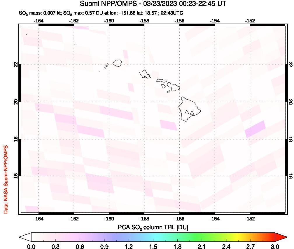 A sulfur dioxide image over Hawaii, USA on Mar 23, 2023.