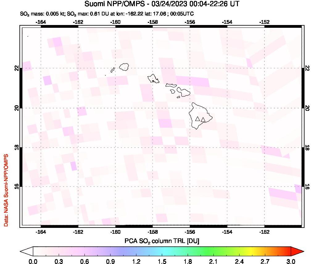 A sulfur dioxide image over Hawaii, USA on Mar 24, 2023.