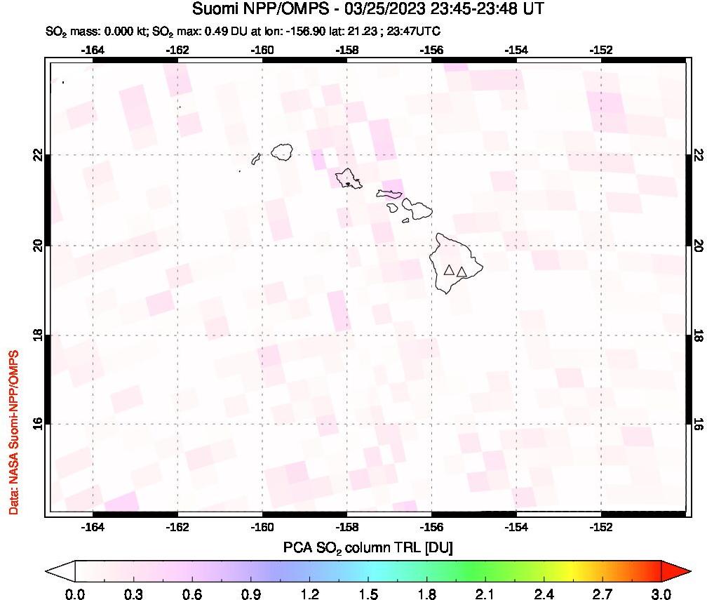 A sulfur dioxide image over Hawaii, USA on Mar 25, 2023.