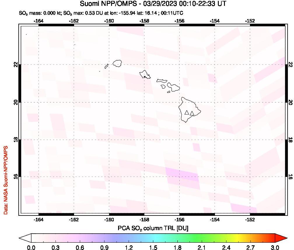 A sulfur dioxide image over Hawaii, USA on Mar 29, 2023.