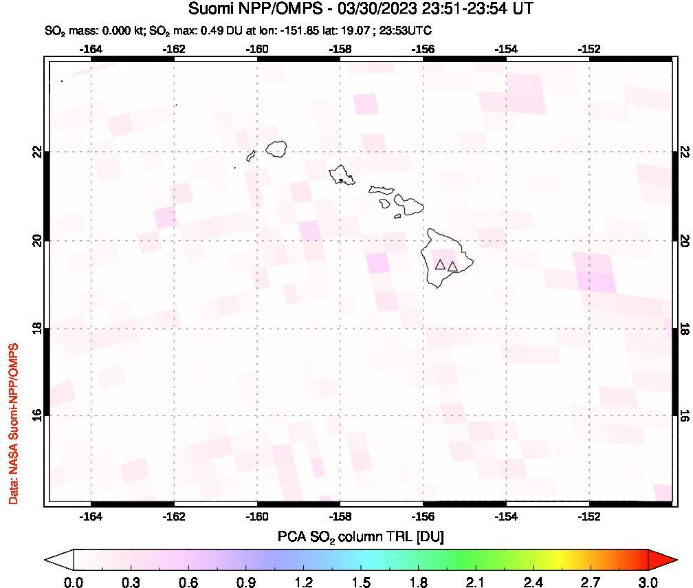 A sulfur dioxide image over Hawaii, USA on Mar 30, 2023.