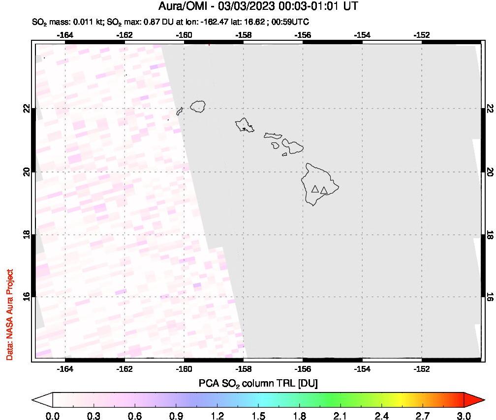 A sulfur dioxide image over Hawaii, USA on Mar 03, 2023.